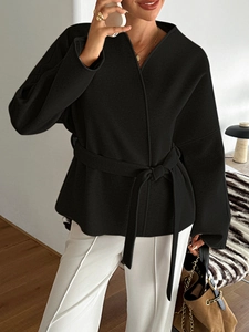 Women's chic black cropped wool blend blazer with stylish waist-tie closure for fall 2025