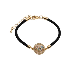 Adjustable black woven bracelet with golden pendant and colorful zircon heart pattern