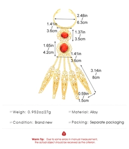 Detaillierte Größentabelle für Vintage Gold Fingerarmband mit roten Edelsteinen für Tanz