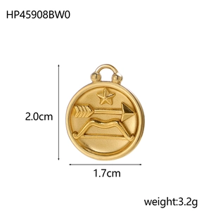 Detailed view of 18K gold zodiac pendant with dimensions 2.0cm x 1.7cm and Sagittarius motif