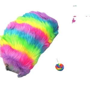 Rainbow plush pencil case with large capacity and a matching spiral charm on white background