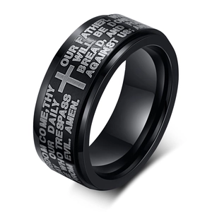 Men's rotatable black stainless steel ring with engraved cross and Lord's Prayer text