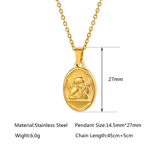 Golden stainless steel Cupid angel pendant necklace with dimensions and size specifications