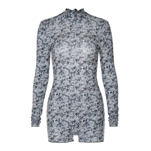Floral print long sleeve slim fit bodysuit with turtleneck in black and gray tones