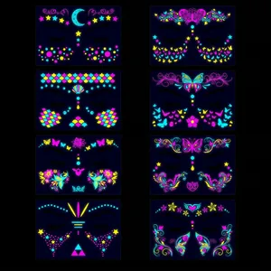 Neon glow face stickers set with butterfly and star designs for music festivals