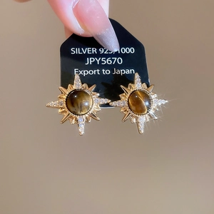 Macro shot of S925 silver 18K gold plated starburst earrings with tiger eye stone