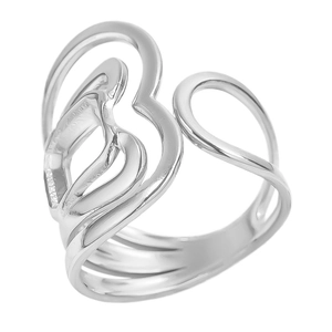Détail de la bague ouverte en acier inoxydable argenté avec motifs de cœurs évidés
