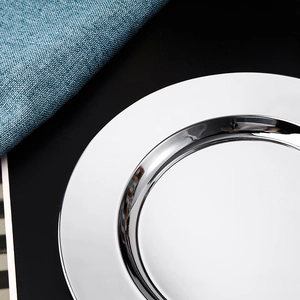 Polished silver stainless steel round serving plate for restaurant dining and buffet