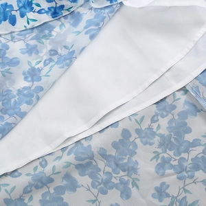 Close-up of blue floral chiffon dress showing fabric layers and premium inner lining detail