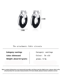 Tabella taglie dettagliata per orecchini neri con zirconi cubici da 18x21 mm e metallo