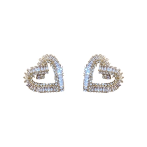 Exquisite hollow heart stud earrings in silver with glittering cubic zirconia stones