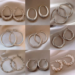 Minimalist Geometric Silver Hoop Earrings For Women Copper Rhinestone C-Shaped Twisted Earrings With Silver Earring Post Accessory