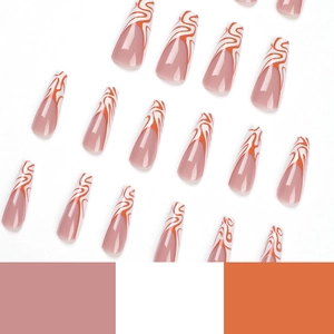 Long coffin fake nails with orange wave patterns and French minimalist aesthetic design