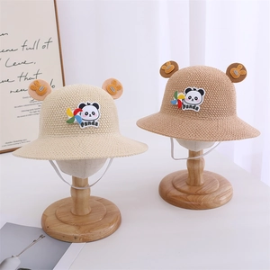 Kids summer straw sun hat with cute ears, panda patch and small colorful windmill