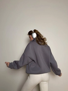 Deep purplish grey oversized half-zip sweatshirt for women with autumn thermal fabric