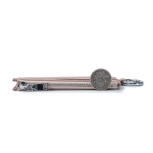 Slim pink lychee grain leather coin purse with silver zipper and key ring attachment