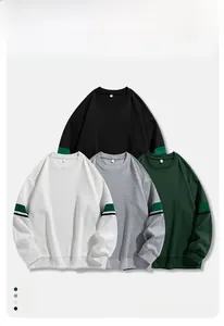 Detail showing four color options of men's crewneck sweatshirts with striped cuffs