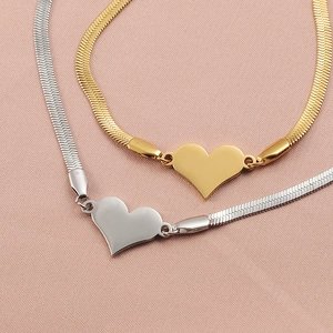 Minimalist heart charm snake bone chain bracelets in gold and silver stainless steel