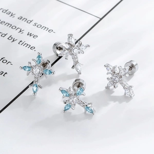 Micro-pave zircon cross ear studs in silver with blue and white stones for piercings