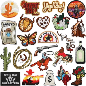 Detailed view of pink western cowboy embroidery patches including boots and cactus