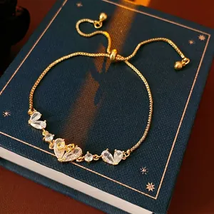 18K gold plated zircon heart bracelet with box chain and adjustable slider clasp