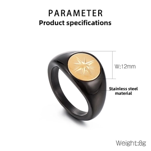 Detailed product parameters of black stainless steel ring with 12mm gold star engraving