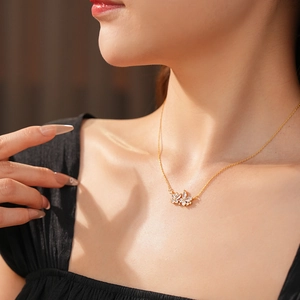 Gros plan du collier pendentif papillon plaqué or avec pierres de zircone étincelantes