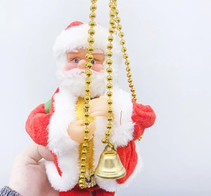 Detail of electric Santa Claus with golden bead chain and bells for holiday decoration