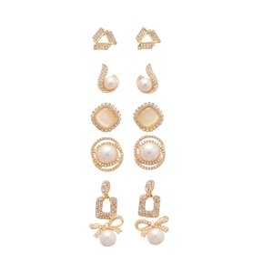 5-pair elegant gold earring set with rhinestones, cat-eye stones, and faux pearls