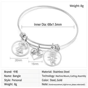 Detail view of adjustable stainless steel bangle with sizing specs and hollow heart charm