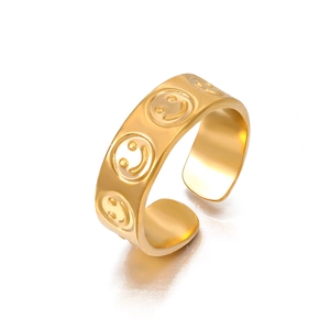 Chic 18K gold plated titanium steel open ring with embossed smiley face design for women