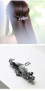 Detail view of purple floral spring hair clip with rhinestones and elegant model back view
