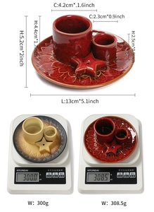 Detailed dimensions and weight of ceramic aromatherapy candle holder set on a digital scale