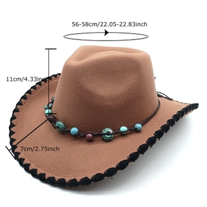 Brown wool felt cowboy hat with turquoise beaded band and black braided edge detail