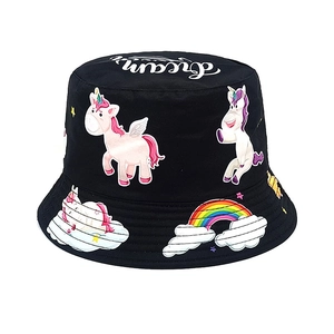 Detail of black kids bucket hat with colorful unicorn and rainbow prints and Dream text