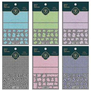 5D embossed nail art stickers with checkerboard and wave patterns in six diverse colors
