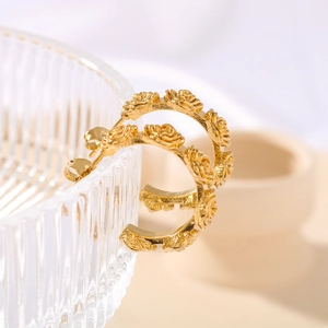 Vintage 18K gold plated C-shaped hoop earrings with 3D rose flower relief engraving