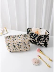 Daisy Stickerei Kosmetiktasche Baumwolle Leinwand Floral Make-up Beutel Große Kapazität Reise Kulturbeutel Veranstalter