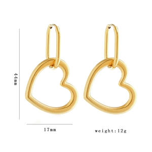 Golden hollow heart drop earrings with oval hoops in stainless steel, 44mm height