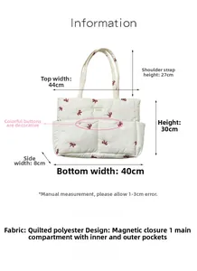 Detailed size specifications of the white quilted tote bag with red bow embroidery details