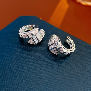 Macro di orecchini a serpente in argento con zirconi su una scatola di gioielli blu scuro