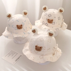 Baby Bucket Hat Cotton Blend Sun Protection Cute Cartoon Bear Ears Drawstring Sunshade Fisherman Cap Infant Toddler