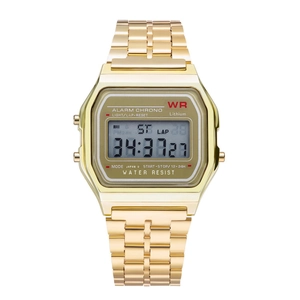 Detailed close-up of a gold digital watch featuring an LCD screen and metal link strap
