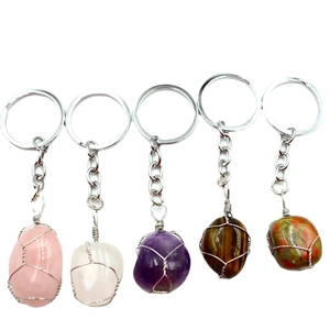Five unique natural crystal keychains with wire-wrapped stone pendants in various colors