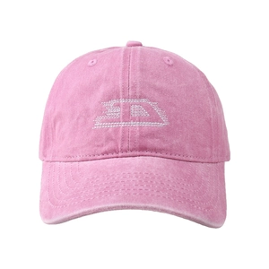 Vintage washed pink cotton baseball cap with white embroidered D logo on a white background