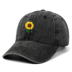 Vintage Washed Cotton Baseball Cap Sunflower Embroidery Adjustable Distressed Retro Outdoor Sun Hat For Women Men
