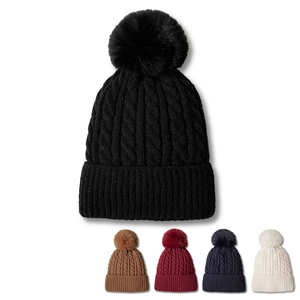 Cable Knit Beanie Hat With Faux Fur Pom-Pom Soft Warm Acrylic Winter Cap For Women Outdoor Casual