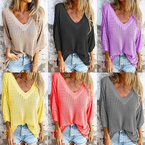 Damen Strickoberteil Mit V-Ausschnitt Und Hohlmuster Lockerer Schnitt Viskose Elasthan Sommer Strand Überwurf Pullover