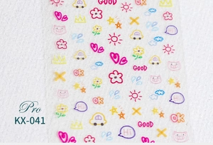 Macro shot of cute hand-drawn 5D nail stickers with hearts and small cars detail
