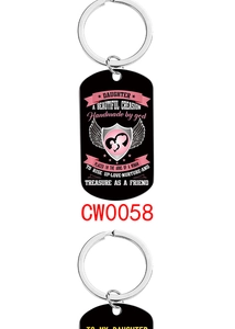 Detail of black stainless steel keychains with colorful text gift for daughter
